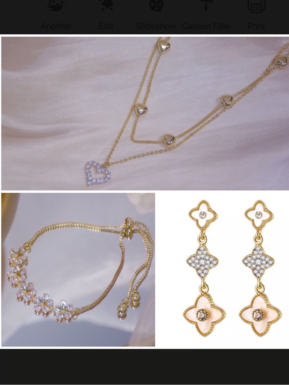 3 NEW 14K Gold Plated Diamond Heart Layer Necklace, Diamond Clover Drop Earrings